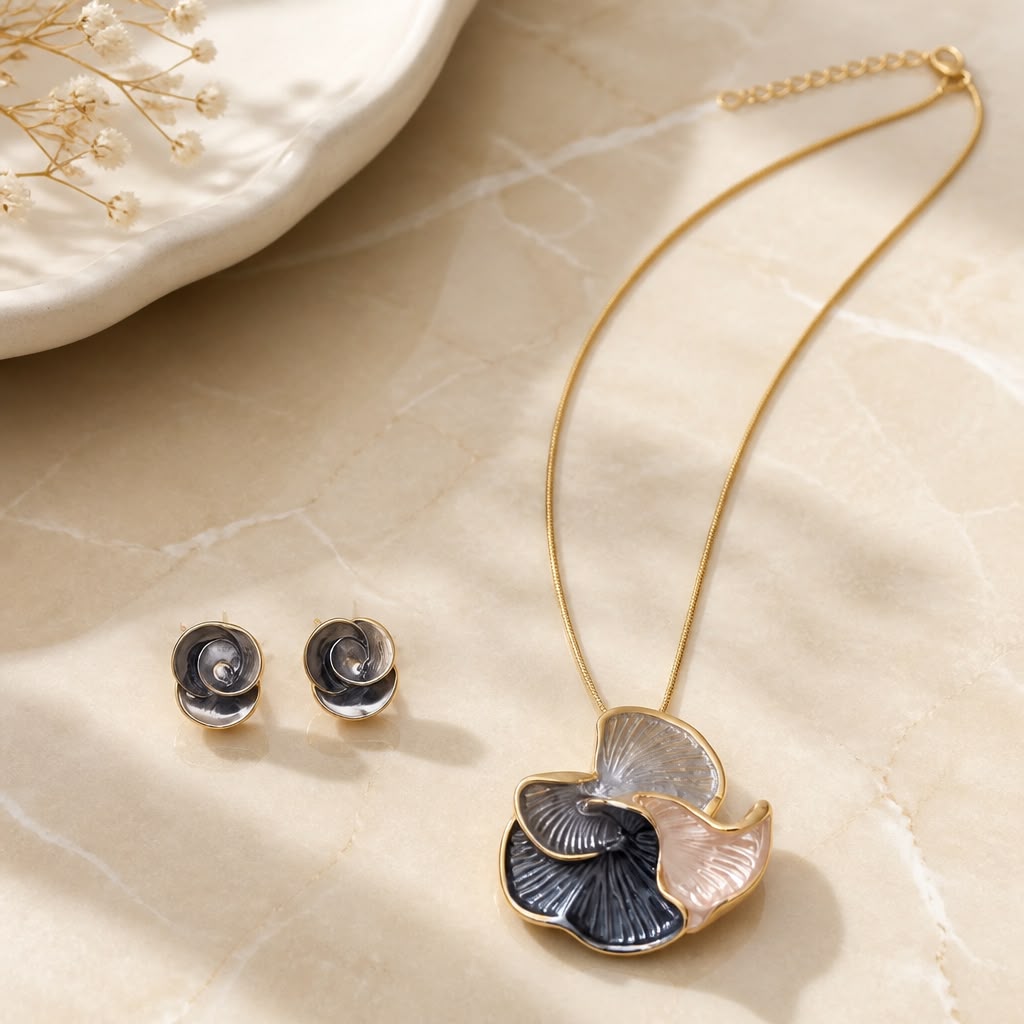 Floral Pendant Necklace & Earrings Set