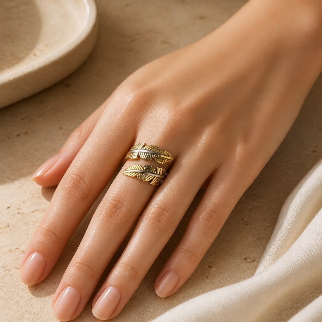 Golden Feather Leaf Wrap Ring