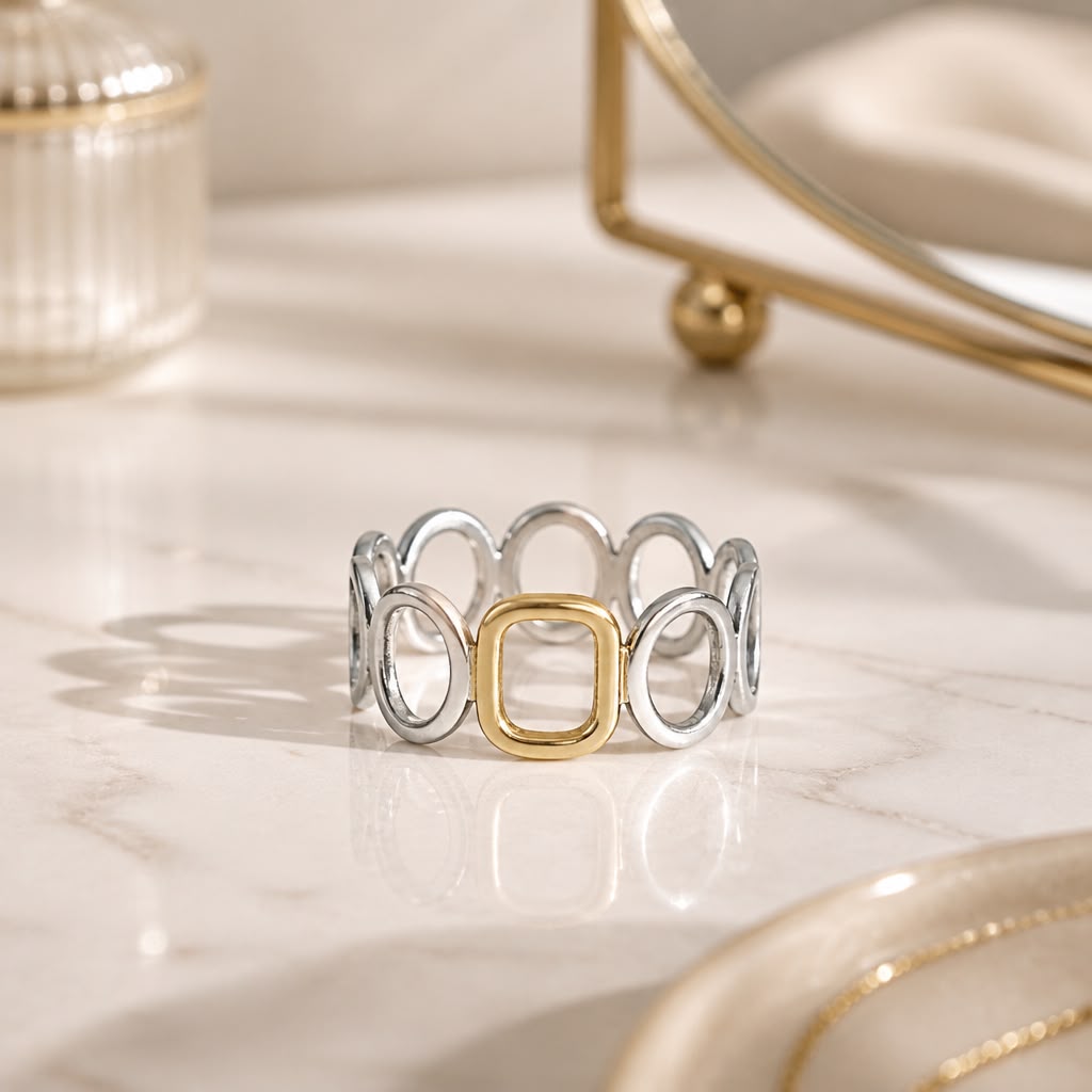 Golden Accent Geometric Link Statement Ring