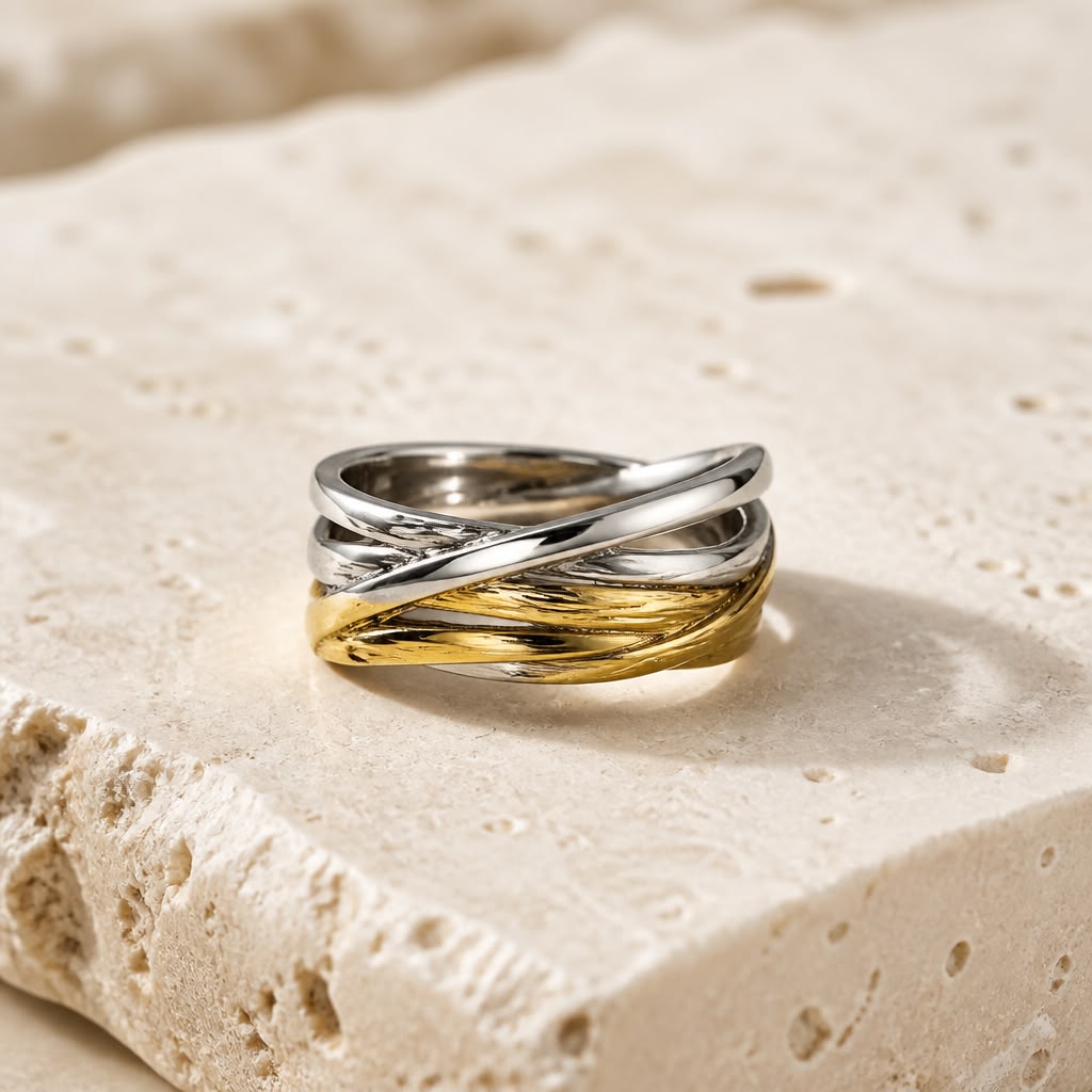Golden Silver Woven Twist Statement Ring