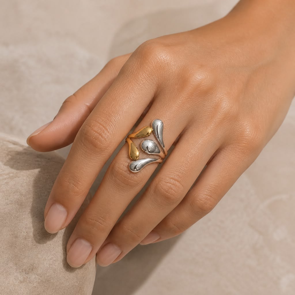 Golden Silver Leaf Drop Statement Ring