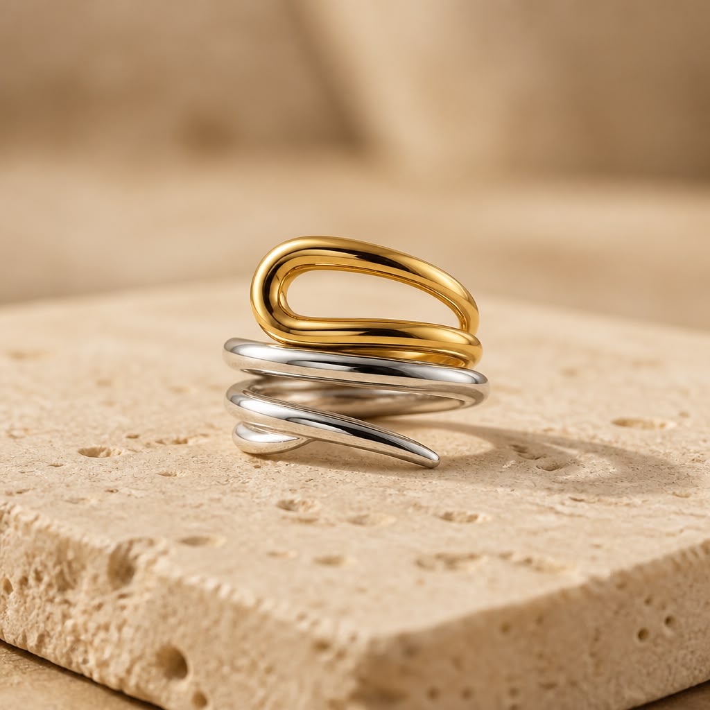 Golden Silver Loop Twist Statement Ring