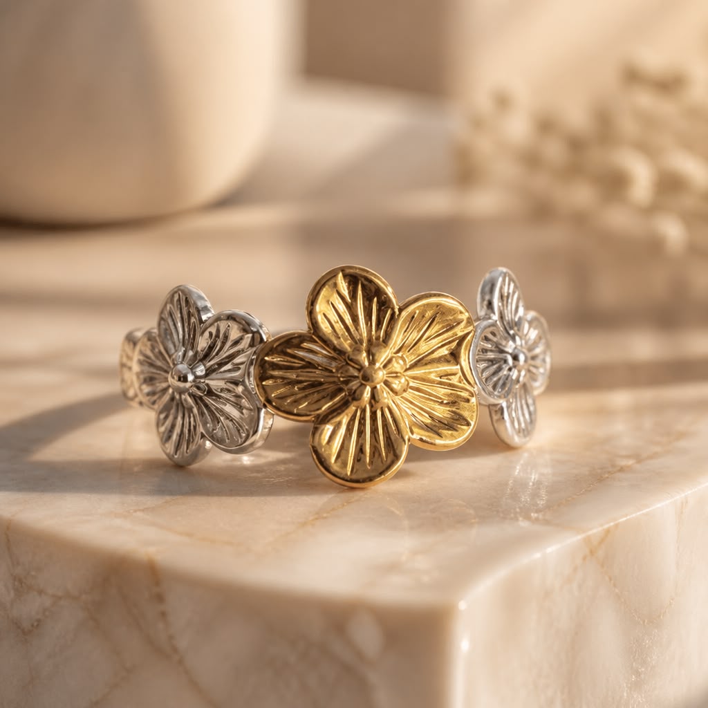 Trio Bloom Gold & Silver Floral Statement Ring