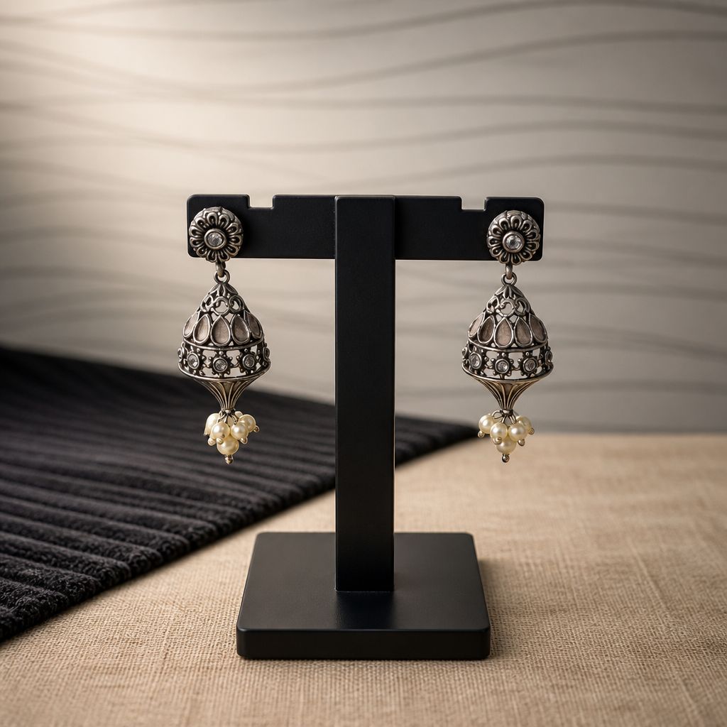 Elegant Pearl Oxidized Jhumka Earrings
